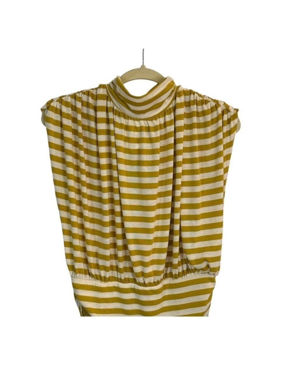 Maeve Anthropologie Ruched Mock Neck Top Large Mustard Yellow Striped
